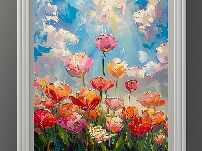 Colorful Tulips Oil Painting With Bright Sunlight And Blue Sky Background 3d model