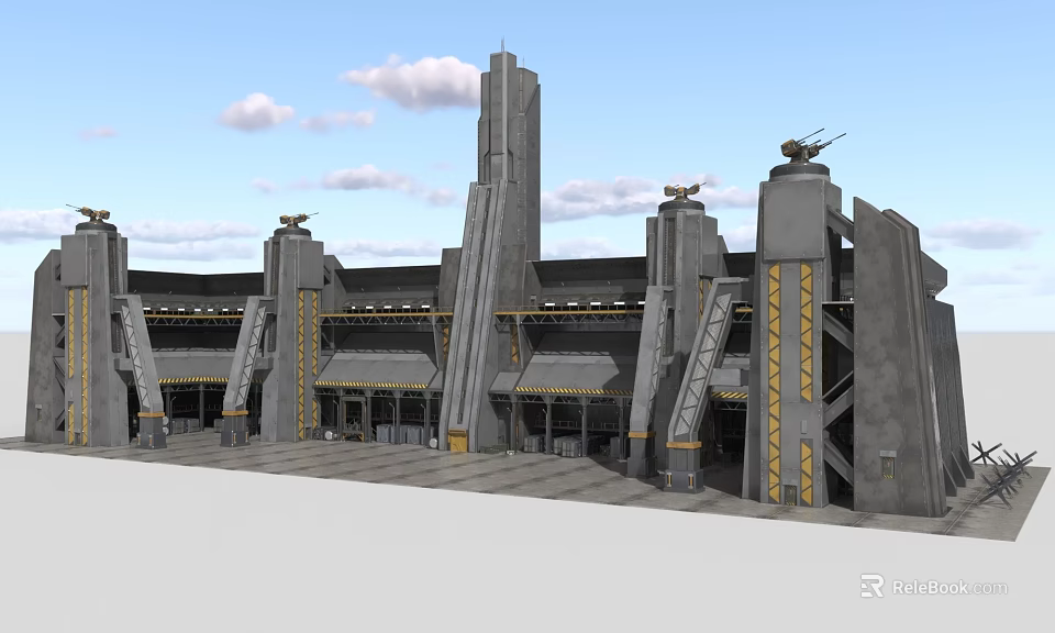 Cartoon Sci Fi Building Scene With Tall Gray Towers Yellow Accents And Open Plaza 3d model 