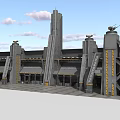 Cartoon Sci Fi Building Scene With Tall Gray Towers Yellow Accents And Open Plaza