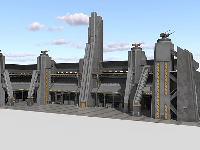 Cartoon Sci Fi Building Scene With Tall Gray Towers Yellow Accents And Open Plaza 3d model