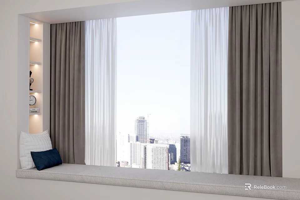 Gray Thick Curtains With White Sheer Panels By Window Seat With City View 3d model 