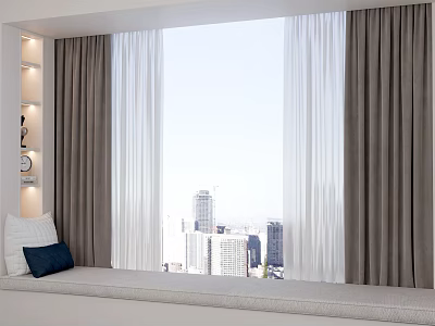 Gray Thick Curtains With White Sheer Panels By Window Seat With City View 3d model