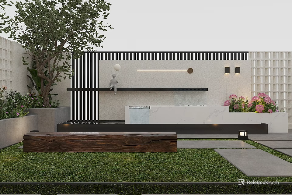 Modern Courtyard Garden Design With Green Plants Wooden Bench And Decorative Wall 3d model 