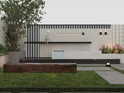 Modern Courtyard Garden Design With Green Plants Wooden Bench And Decorative Wall 3d model