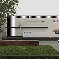 Modern Courtyard Garden Design With Green Plants Wooden Bench And Decorative Wall