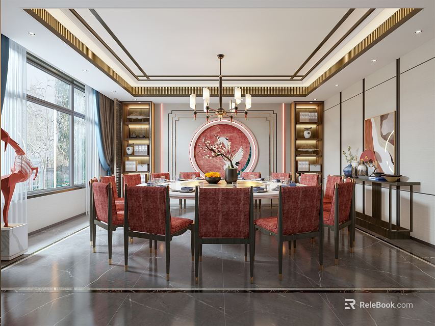 Elegant Chinese Private Dining Box With Round Table Red Chairs Decorative Wooden Shelves And Chandelier 3d model 