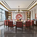 Elegant Chinese Private Dining Box With Round Table Red Chairs Decorative Wooden Shelves And Chandelier
