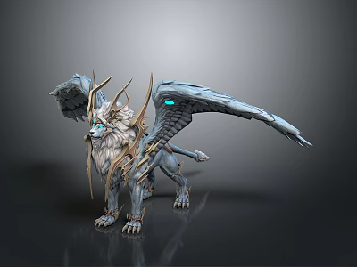Detailed Fantasy Griffin 3D Model With Spiked Horns Silver Gray Wings And Glowing Blue Eyes 3d model