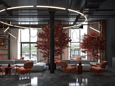 Modern Café Interior With Circular Pendant Lights Red Trees Orange Chairs And White Sofas 3d model