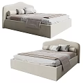 Modern Upholstered Double Bed With Striped Sheets Pillows And Throw Blanket 3d model