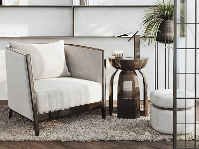 Modern Accent Chair with Beige Upholstery Metal Frame Side Table Ottoman and Potted Plant 3d model