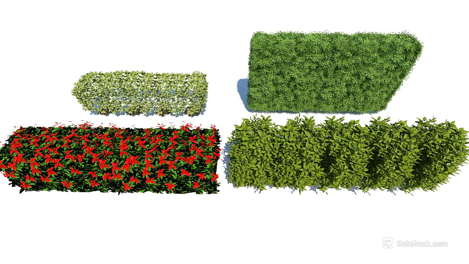 Different Garden Shrubs Including Flowering Red Blooms and Trimmed Green Hedges 3d model 