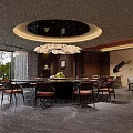 Elegant Modern Private Dining Room With Round Table Chandelier Brown Walls And Sofa