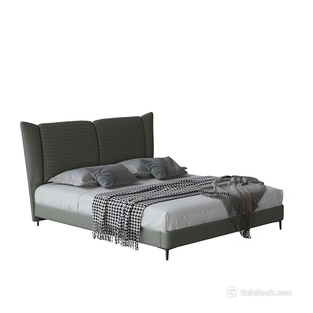 Modern Double Bed With Green Tufted Headboard And Checkered Blanket 3d model