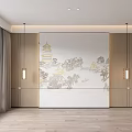 Modern Bedroom Accent Wall With Chinese Landscape Art And Lights