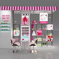 Pink And White Striped Awning Shopping Mall Retail Shop With Product Displays And Interior Seating