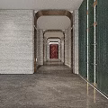 Modern Elevator Hallway With Marble Walls Arched Doorways And Red Accent Wall