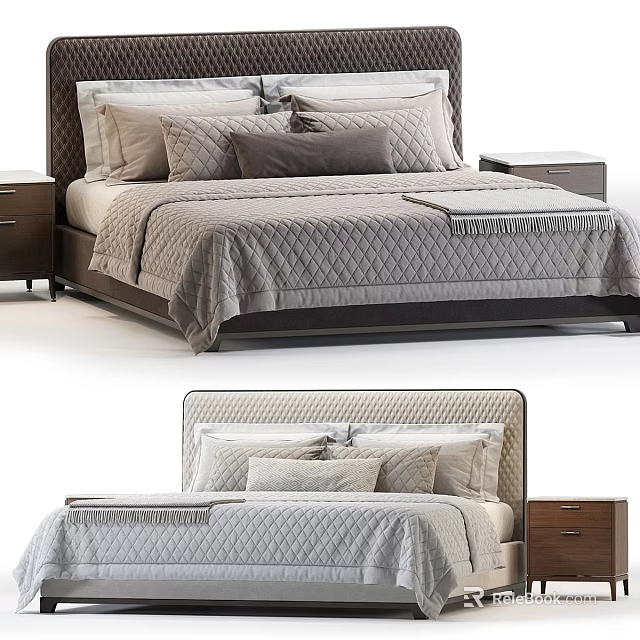 Modern Double Bed with Multiple Plush Pillows Quilted Bedspread and Wooden Nightstands 3d model 