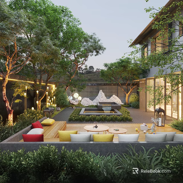 Serene Courtyard Garden Design With Trees Seating Area Decorative Lights And Wooden Patio 3d model 