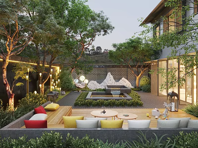 Serene Courtyard Garden Design With Trees Seating Area Decorative Lights And Wooden Patio 3d model