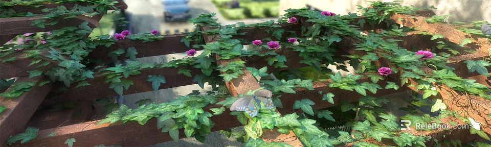 Natural Pergola Covered With Green Vines Purple Flowers And A Butterfly 3d model 