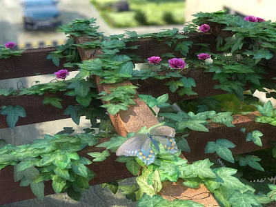 Natural Pergola Covered With Green Vines Purple Flowers And A Butterfly 3d model