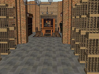 Spacious Wine Cellar Interior With Brick Walls Wooden Racks And Stone Tiled Floor 3d model