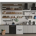 Modern Kitchen Interior With Wall Mounted Shelves Holding Various Cooking Utensils And Kitchenware On Countertop