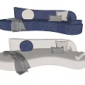 Navy Blue And Beige Curved Sectional Sofa With Round Pillows And Throw Blanket 3d model