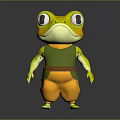 Anthropomorphic Cartoon Frog Character In Green Outfit And Orange Pants With Large Eyes