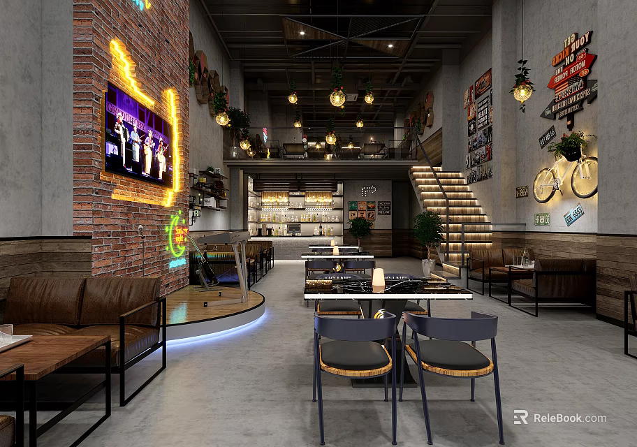 Industrial Style Restaurant Interior With Brick Wall Neon Lights Vintage Signs And Sofa Seating 3d model 