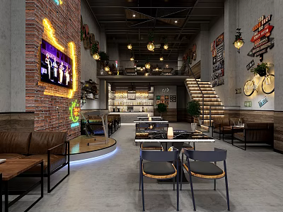 Industrial Style Restaurant Interior With Brick Wall Neon Lights Vintage Signs And Sofa Seating 3d model