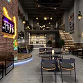 Industrial Style Restaurant Interior With Brick Wall Neon Lights Vintage Signs And Sofa Seating