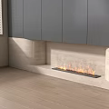 Modern Linear Fireplace With Burning Flames Stone Wall Gray Cabinets And Wooden Flooring