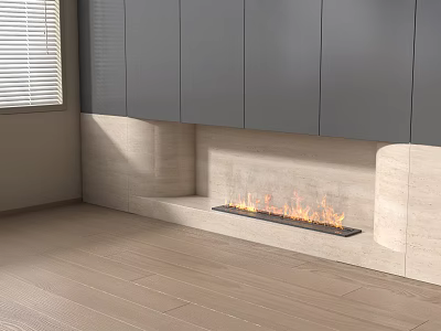 Modern Linear Fireplace With Burning Flames Stone Wall Gray Cabinets And Wooden Flooring 3d model
