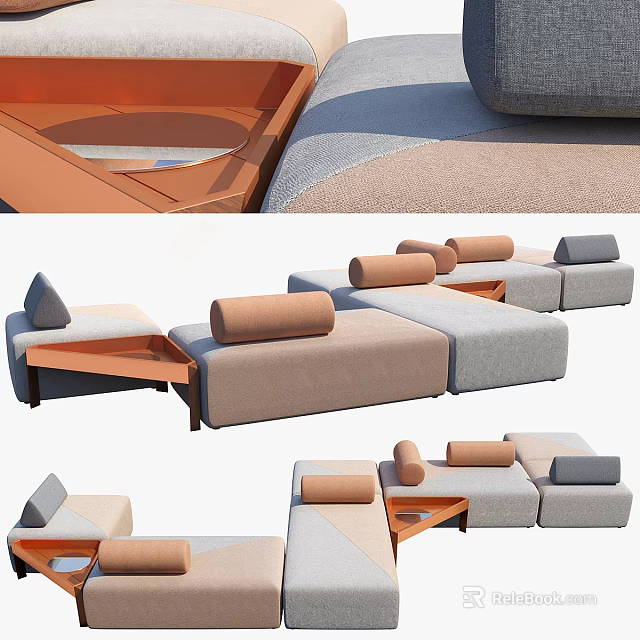 Modern Sectional Sofa Interior Design With Beige Gray Upholstery Rolled Pillows And Wooden Accents 3d model 