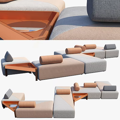 Modern Sectional Sofa Interior Design With Beige Gray Upholstery Rolled Pillows And Wooden Accents 3d model
