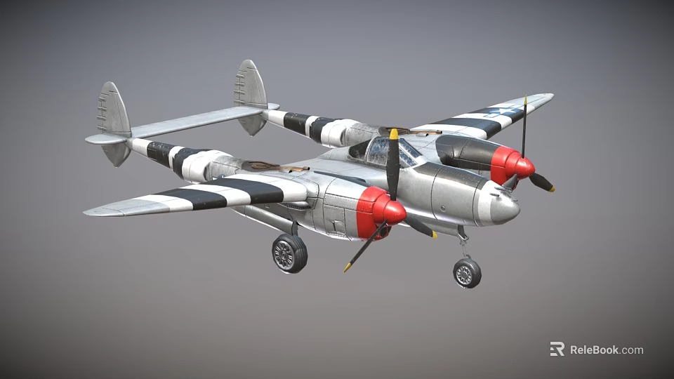 Silver Fighter Jet With Red Propellers And Black White Stripes 3d model 