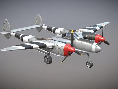 Silver Fighter Jet With Red Propellers And Black White Stripes 3d model