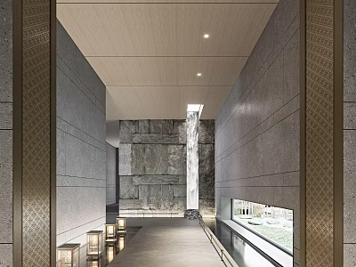 Modern Elevator Hallway With Stone Walls Wooden Ceiling Recessed Lighting And Decorative Lanterns 3d model