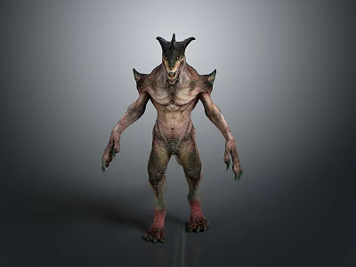 Horned Monster Character 3D Model With Muscular Body Spiked Shoulders And Clawed Hands 3d model