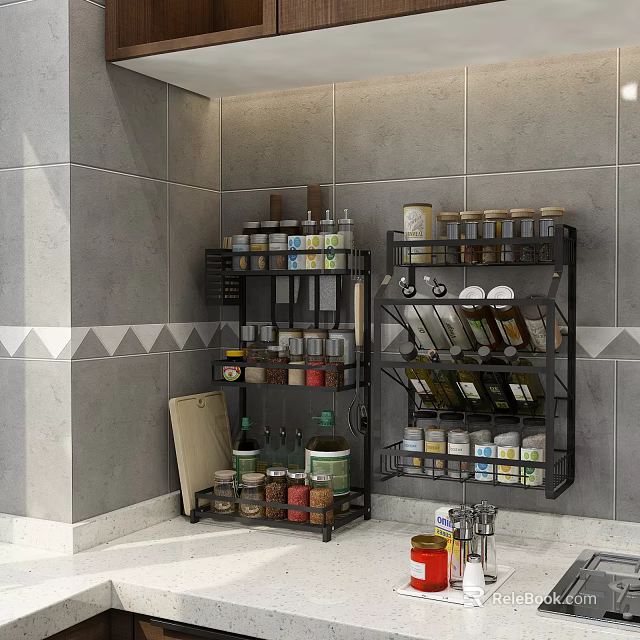 Kitchen Wall Mounted Spice Rack With Various Jars And Storage Solutions 3d model 