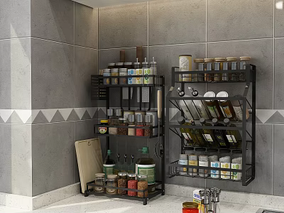 Kitchen Wall Mounted Spice Rack With Various Jars And Storage Solutions 3d model
