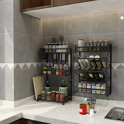 Kitchen Wall Mounted Spice Rack With Various Jars And Storage Solutions 3d model