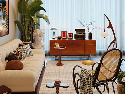 Beige Multi-seat Sofa with Throw Pillows in Living Room with Wooden Cabinet Statue Rattan Chair 3d model