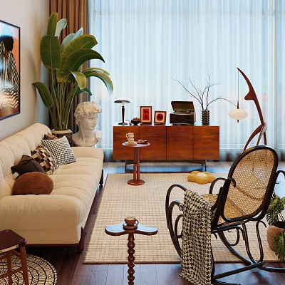Beige Multi-seat Sofa with Throw Pillows in Living Room with Wooden Cabinet Statue Rattan Chair 3d model