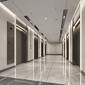 Modern Elevator Hallway Design With Ceiling Lights And Patterned Carpet 3d model