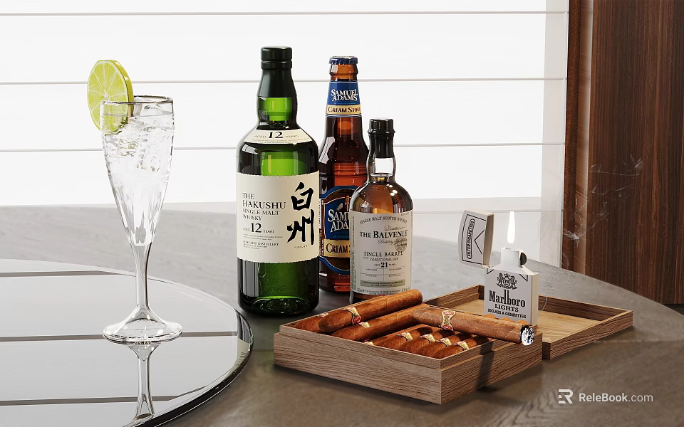 Elegant Whiskey Bottles And Glass With Ice Lime Cigar And Wooden Tray 3d model 