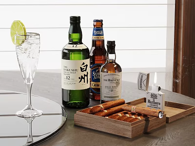 Elegant Whiskey Bottles And Glass With Ice Lime Cigar And Wooden Tray 3d model