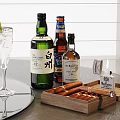 Elegant Whiskey Bottles And Glass With Ice Lime Cigar And Wooden Tray